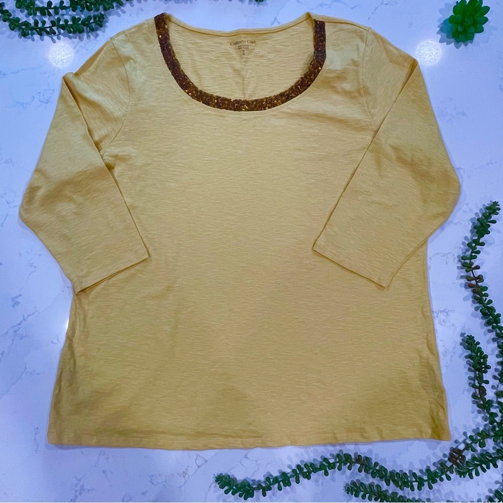 Coldwater Creek Heather Yellow 3/4 Sleeve Cotton Shirt with Brown Sequin Collar